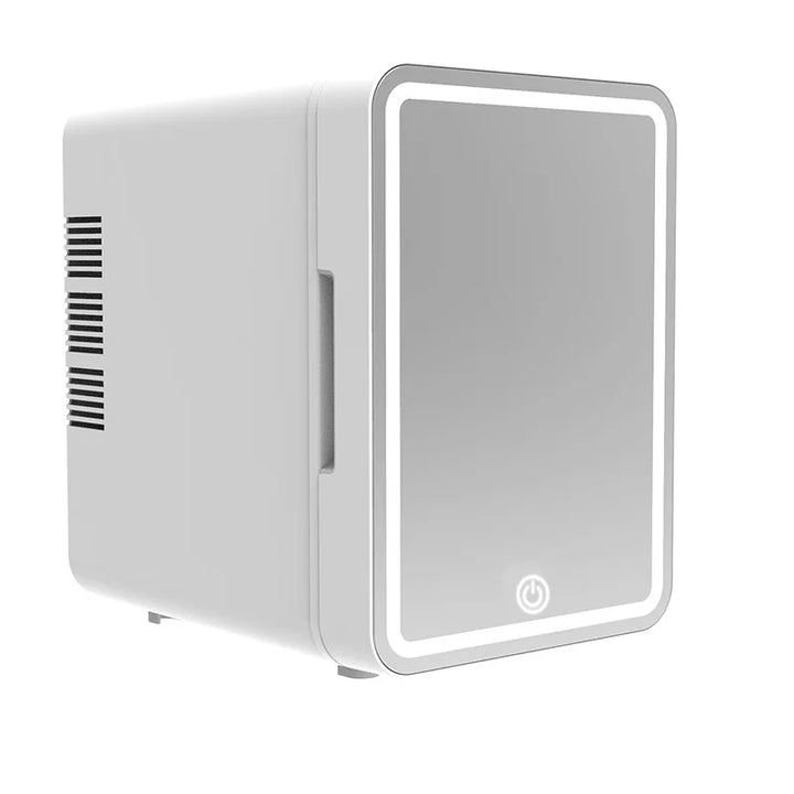 White 4L mini beauty fridge with LED, a silent & compact chiller for skincare, cosmetics & vanity essentials.