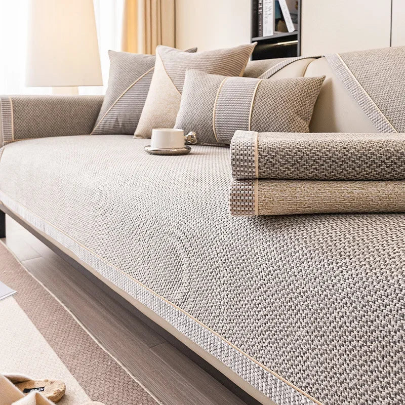 All-season quilted cotton-linen sofa cover provides non-slip protection for your furniture. Durable & comfortable couch protector.