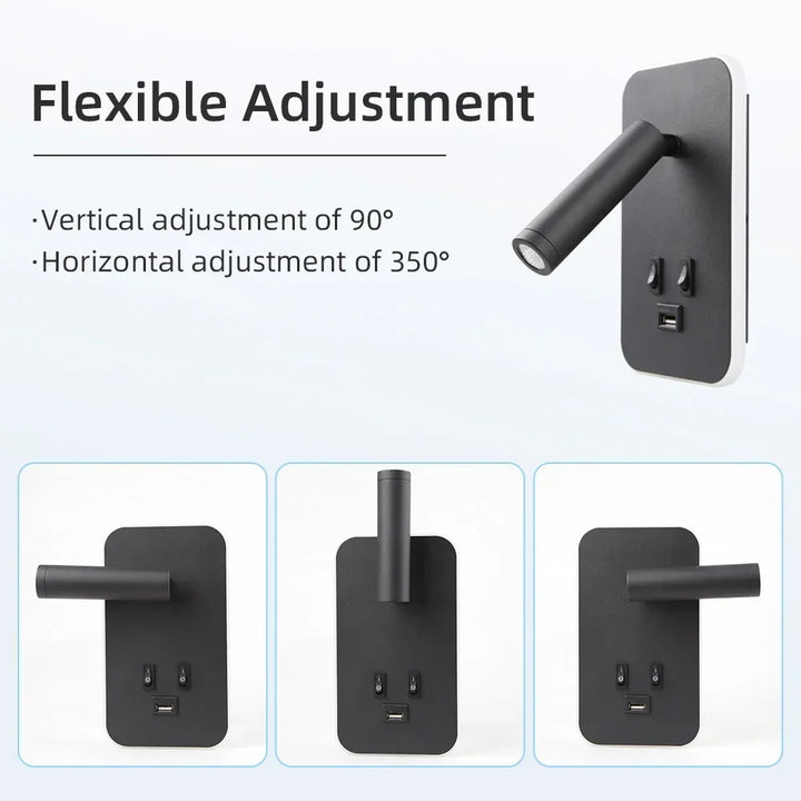 Tavvitaimp18 modern adjustable LED wall lamp, rotatable head, USB charger, great bedroom bedside sconce.