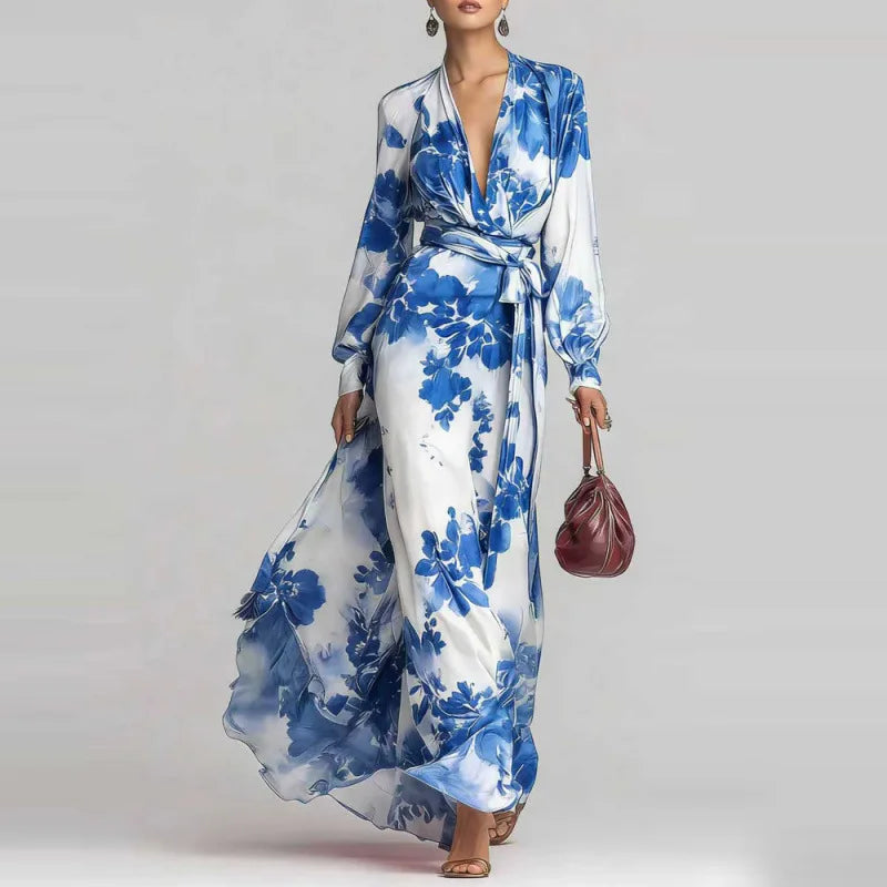 Blue bohemian maxi dress, womens fashion. Features deep V-neck, lantern sleeves, and a flattering belted design.