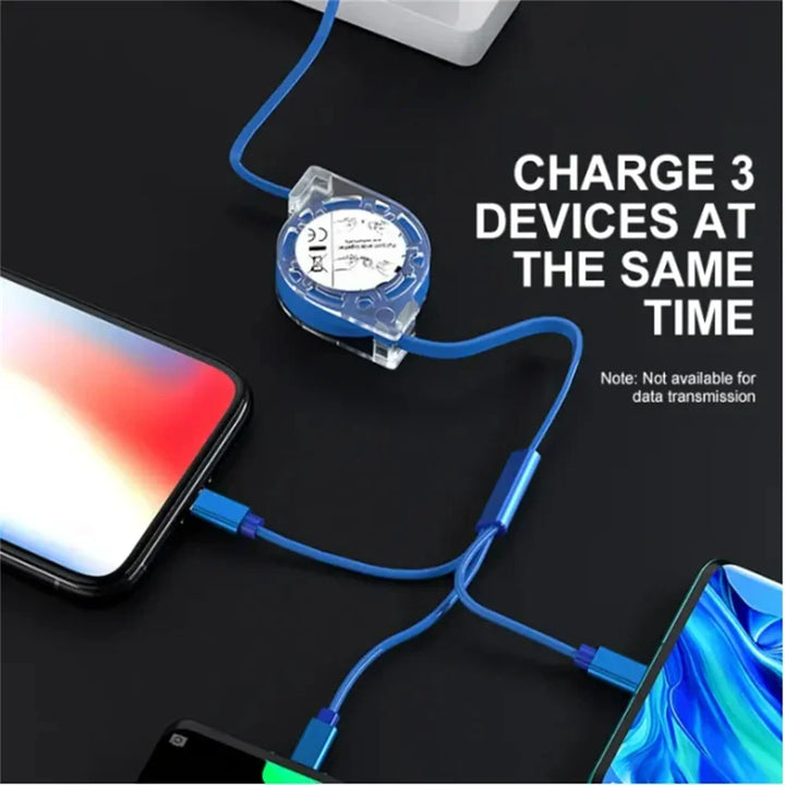 Compact 3-in-1 charging cable, ideal travel gear for iPhone, Android, and USB-C devices.