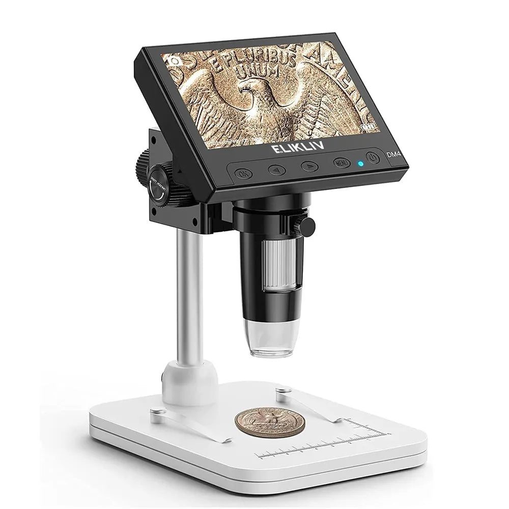 Portable 1000X digital inspection microscope with LED screen, ideal for coins & circuit board repair.