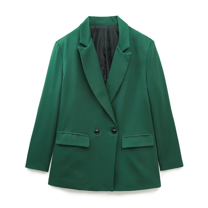 Chic women's double-breasted blazer, a staple for modern business casual fashion.