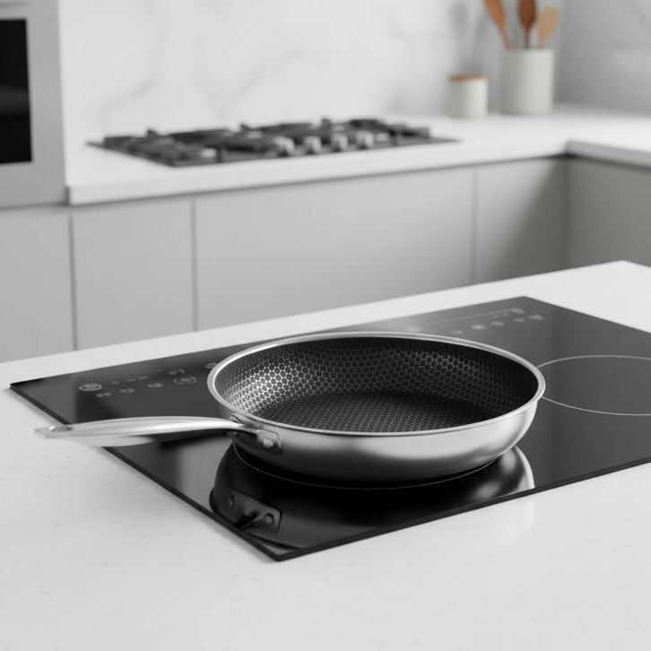 Premium stainless steel frying pan for kitchen. Durable cookware, uncoated for professional cooking.