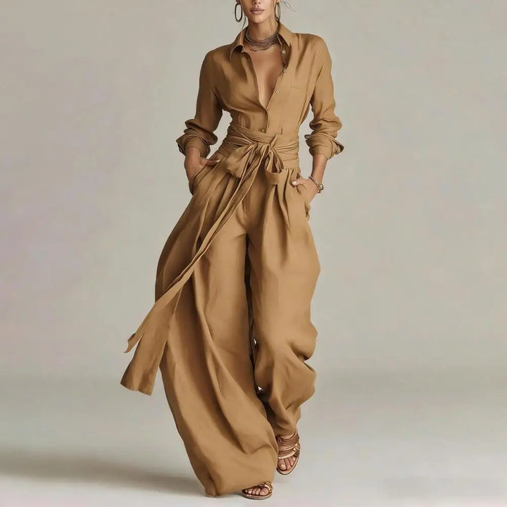 Elegant women's khaki co-ord set. Versatile button shirt & wide-leg pants for a relaxed yet stylish look.