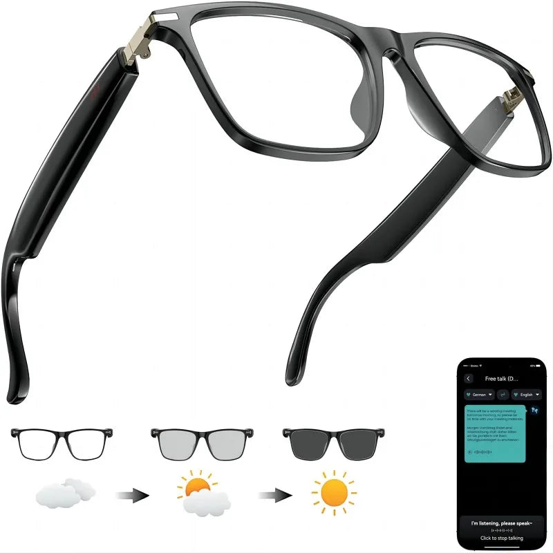 Unisex Tavvitaimp18 smart translation glasses with adaptive photochromic lenses for real-time language translation.