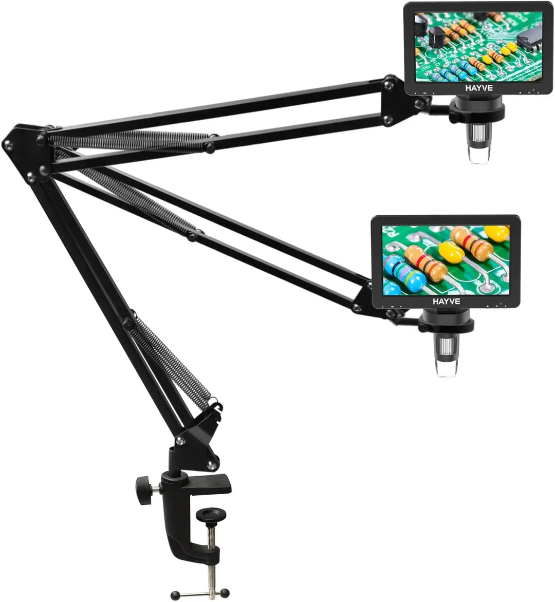 Universal metal arm stand for digital & coin microscopes. Adjustable, hands-free support for electronics repair.