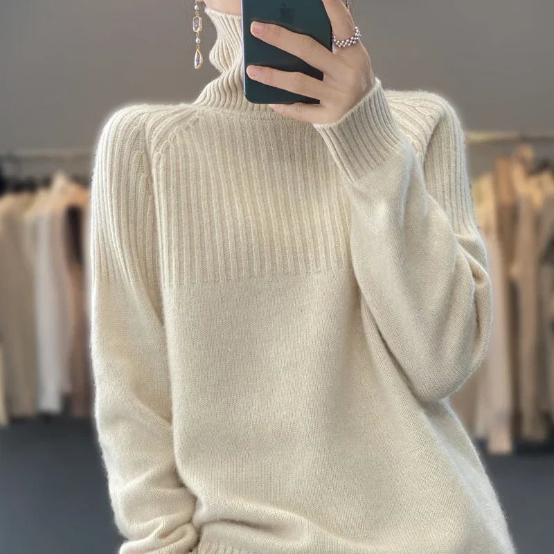 Soft women's ribbed turtleneck sweater. Comfortable long-sleeve knit pullover, ideal for fall/winter fashion.