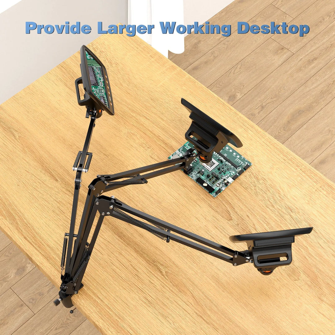 Sturdy metal microscope stand with adjustable arm mount for inspection tools. Perfect workbench accessory.