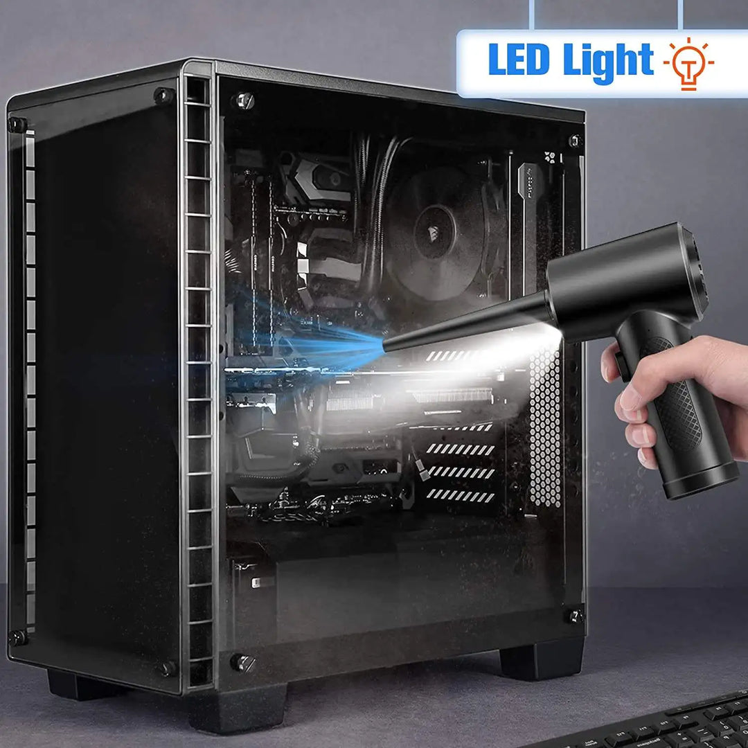 USB rechargeable cordless air duster, an eco-friendly alternative for tech accessory & electronics cleaning.