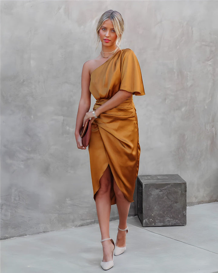 Luxurious women's off-shoulder asymmetrical dress, perfect for making a statement at evening gatherings.