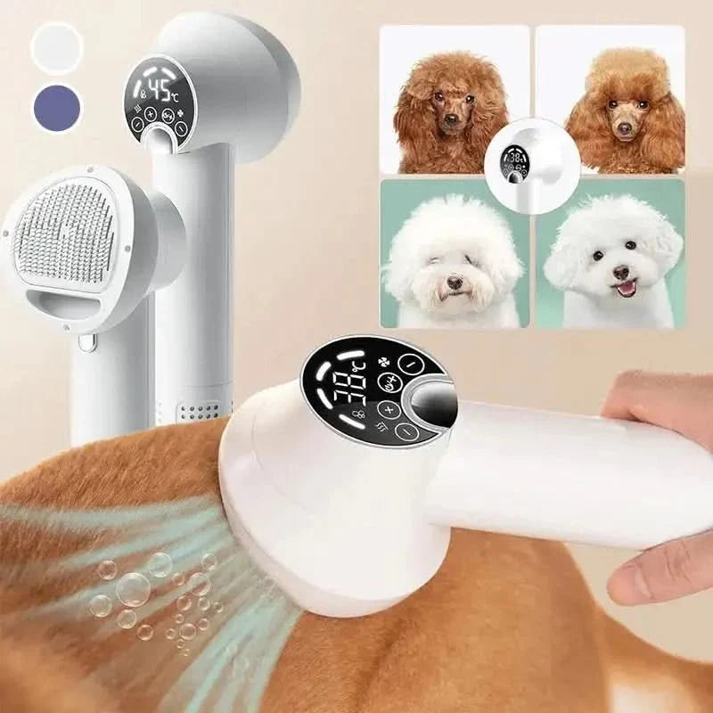 Pet grooming dryer with an integrated gentle brush to effectively remove loose fur and reduce shedding for pets.