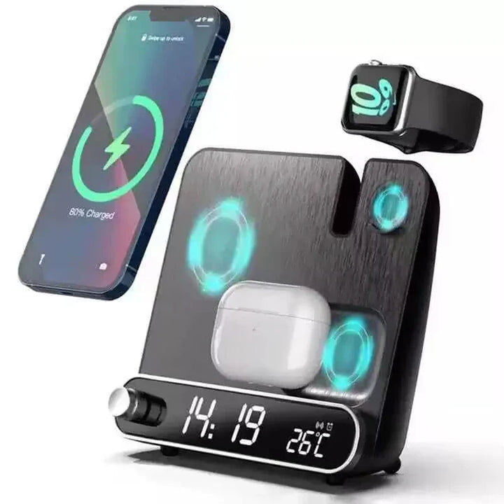 Sleek, black Qi compatible fast wireless charger. Tech accessory with integrated alarm clock for modern homes.