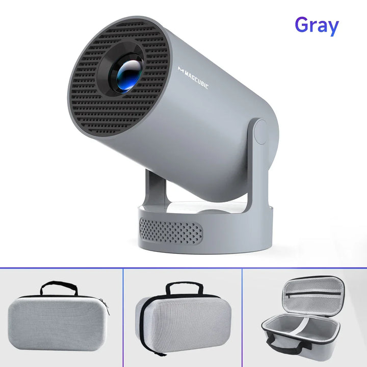 Back view of the portable projector, highlighting various connectivity ports (HDMI, USB, etc.).