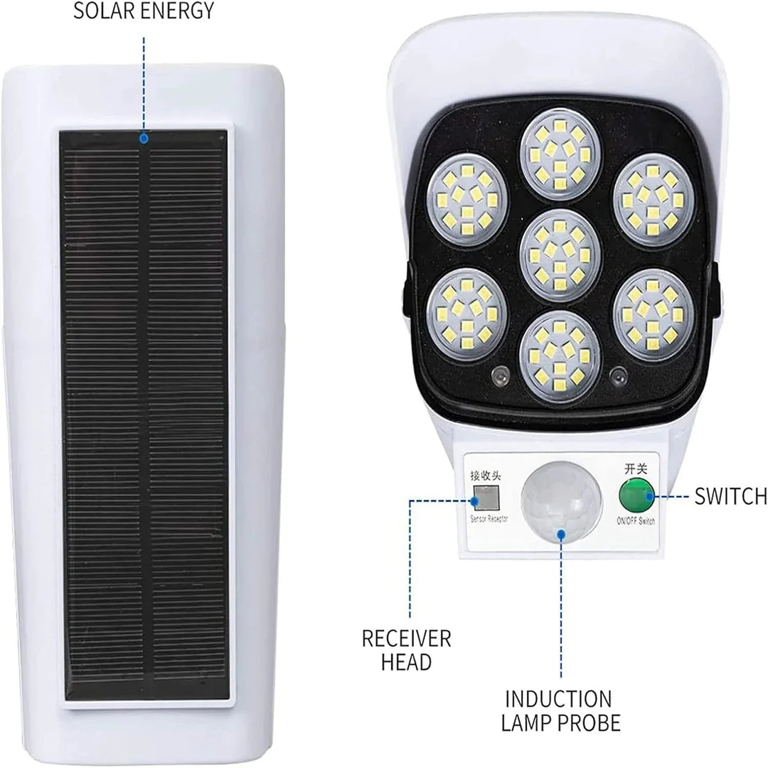 Easy-install wireless solar security light, with motion sensor for illuminating dark outdoor areas.