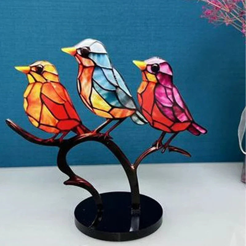 Colorful acrylic bird sculpture, ideal tabletop ornament & stylish desk accessory.