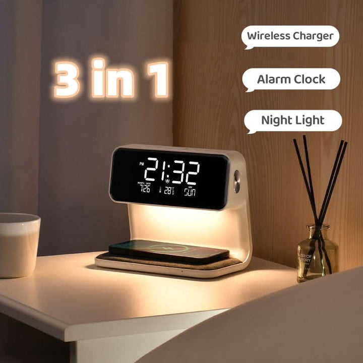 Multifunction dimmable LED lamp, wireless charger, & clock for modern nightstand or bedroom lighting.