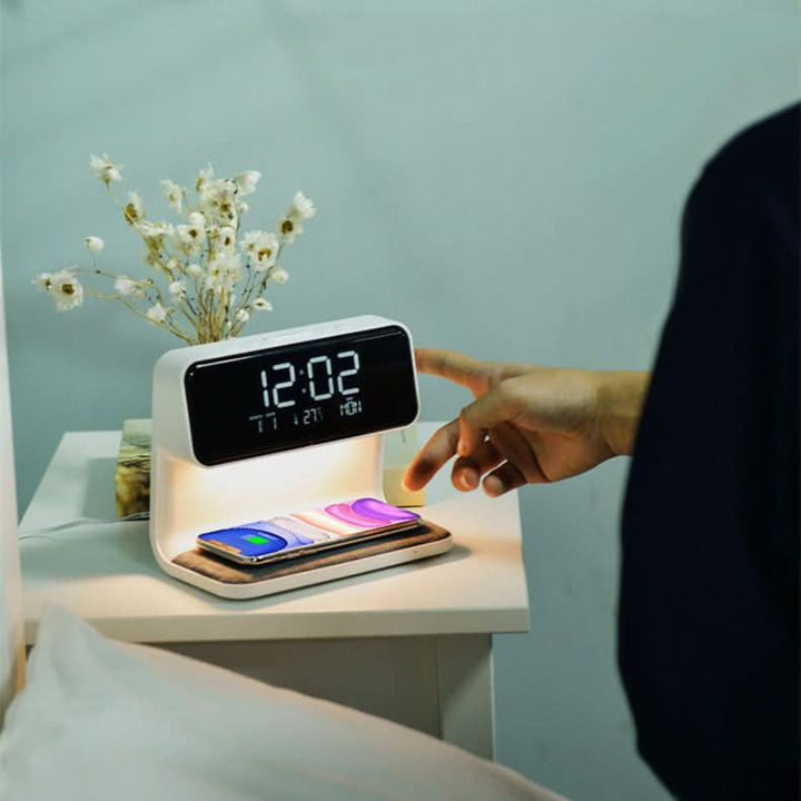 Smart dimmable LED lamp with built-in wireless phone charger & alarm clock for modern bedroom lighting.