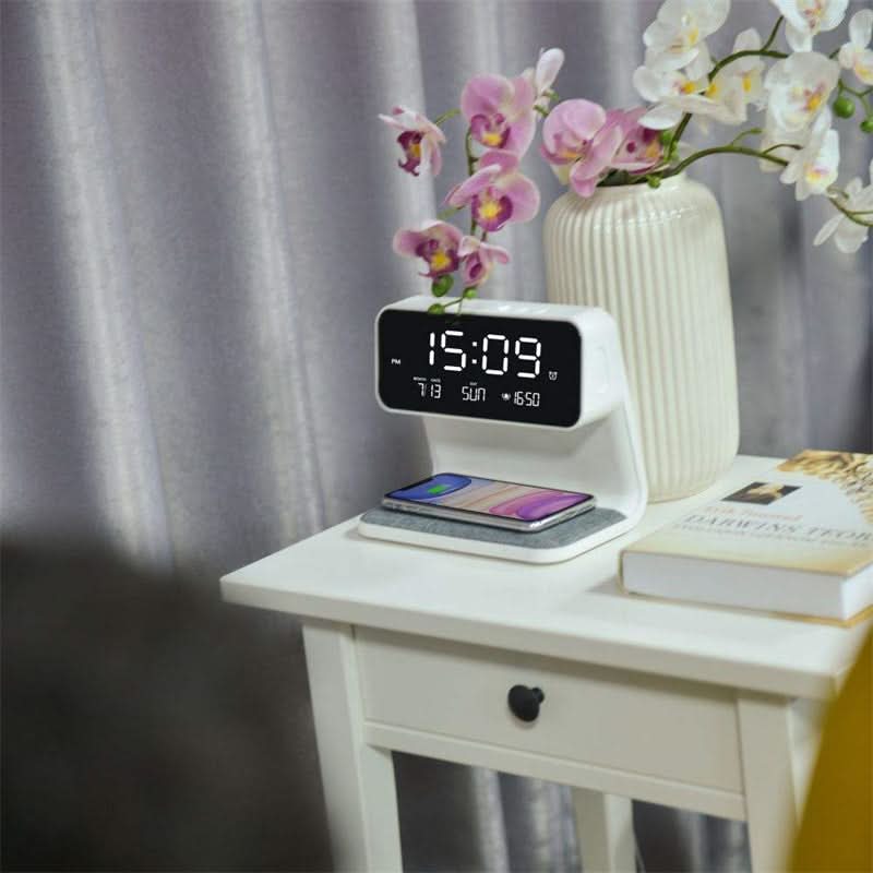 Smart bedside hub: LED night light, wireless phone charger, and alarm clock; ideal for dorms or offices.