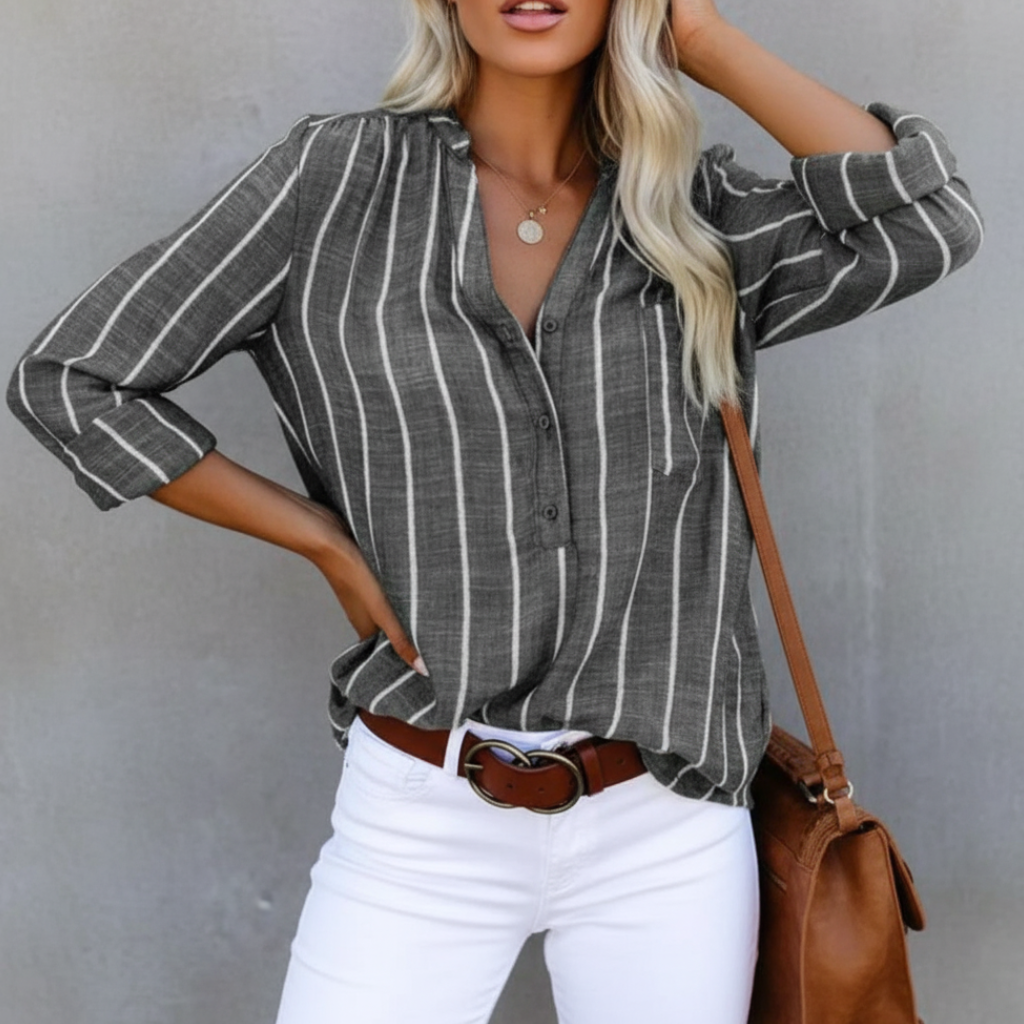 Everyday women's oversized striped button-down shirt. Relaxed fit, long sleeve for ultimate comfort & chic style.