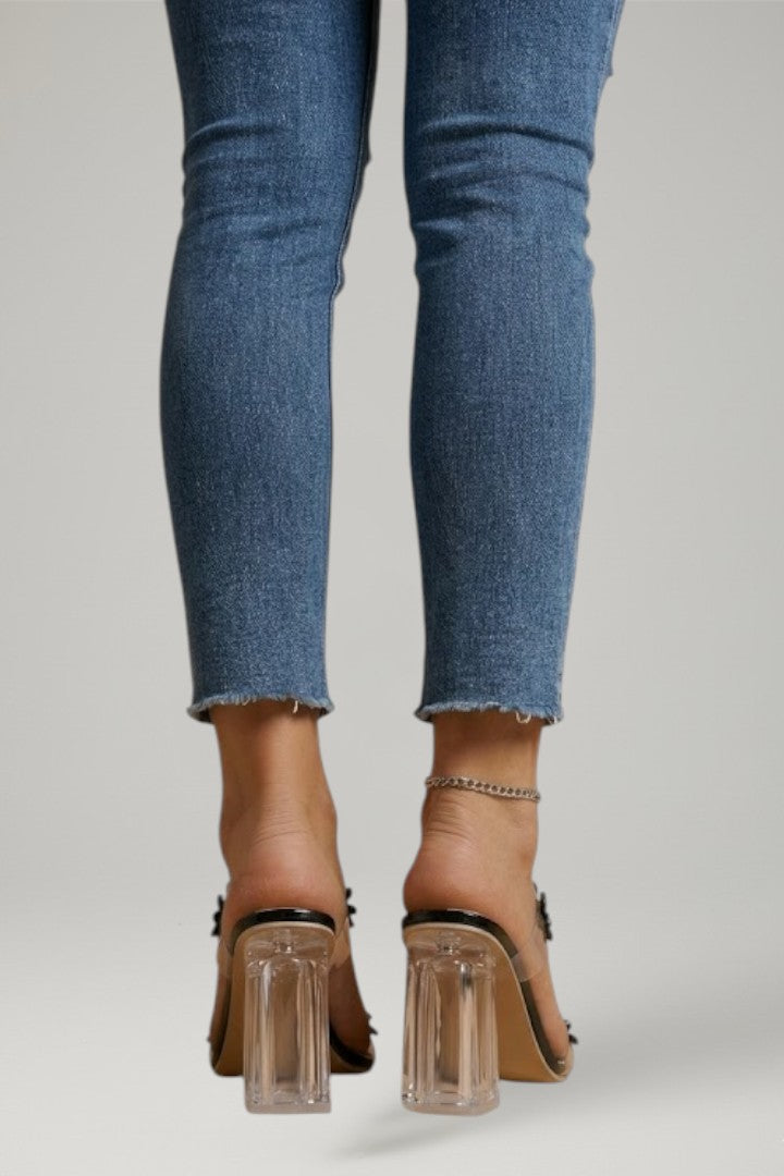Slip-on rhinestone block heel sandals for women, offering cushioned support and sophisticated summer style.