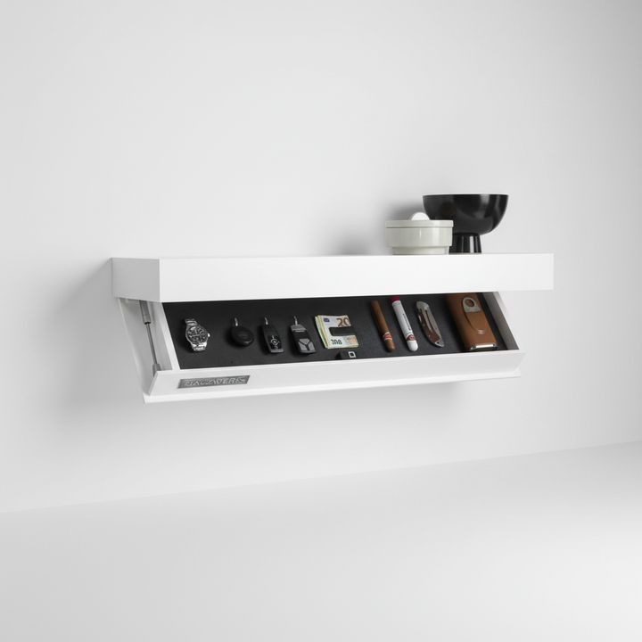 Sleek white floating wall shelf with secret storage, perfect for organizing your living room or office.