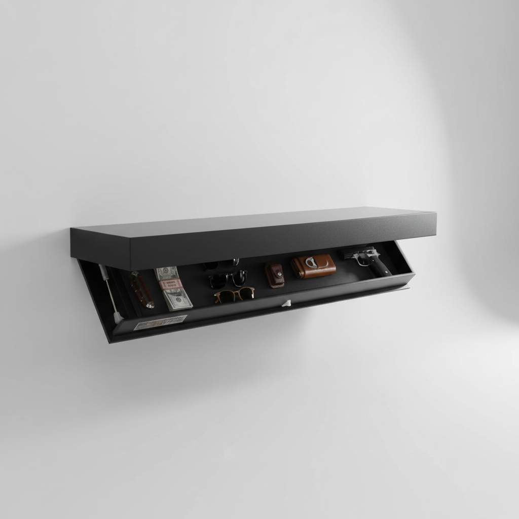 Contemporary floating wall shelf offering clever hidden storage for a clutter-free living room or office space.