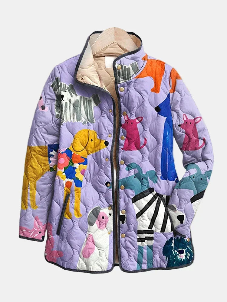 Stylish women's quilted jacket with a fun dog print. Casual, lightweight, and comfortable outerwear for everyday fashion.