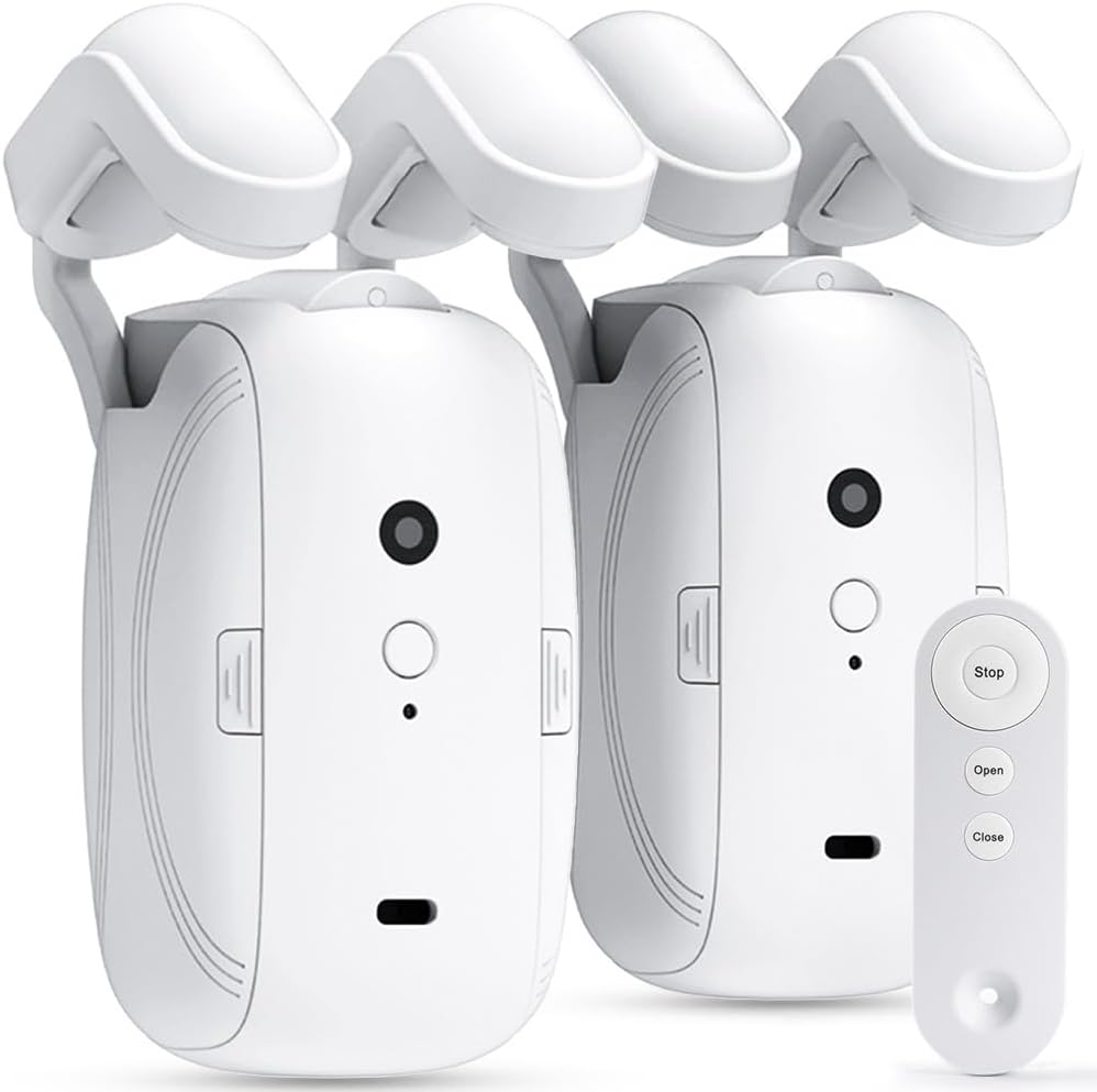 "Automatic curtain opener with bluetooth remote, sleek design, for modern home automation and effortless control."