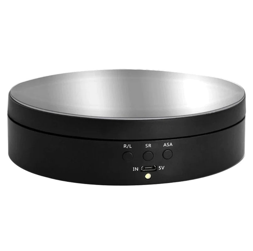 "Black electric motorized rotating display stand, round base, showcasing 360° rotation for professional photography setups."