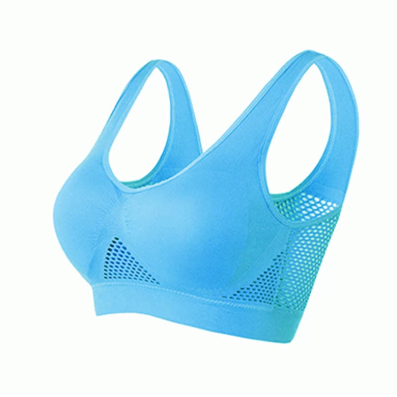 Seamless women's sports bra with breathable mesh, ideal for running, yoga, and gym fitness.