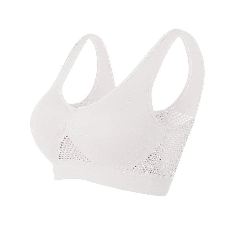 Lightweight women's mesh sports bra for yoga & fitness, ensuring breathable active support.