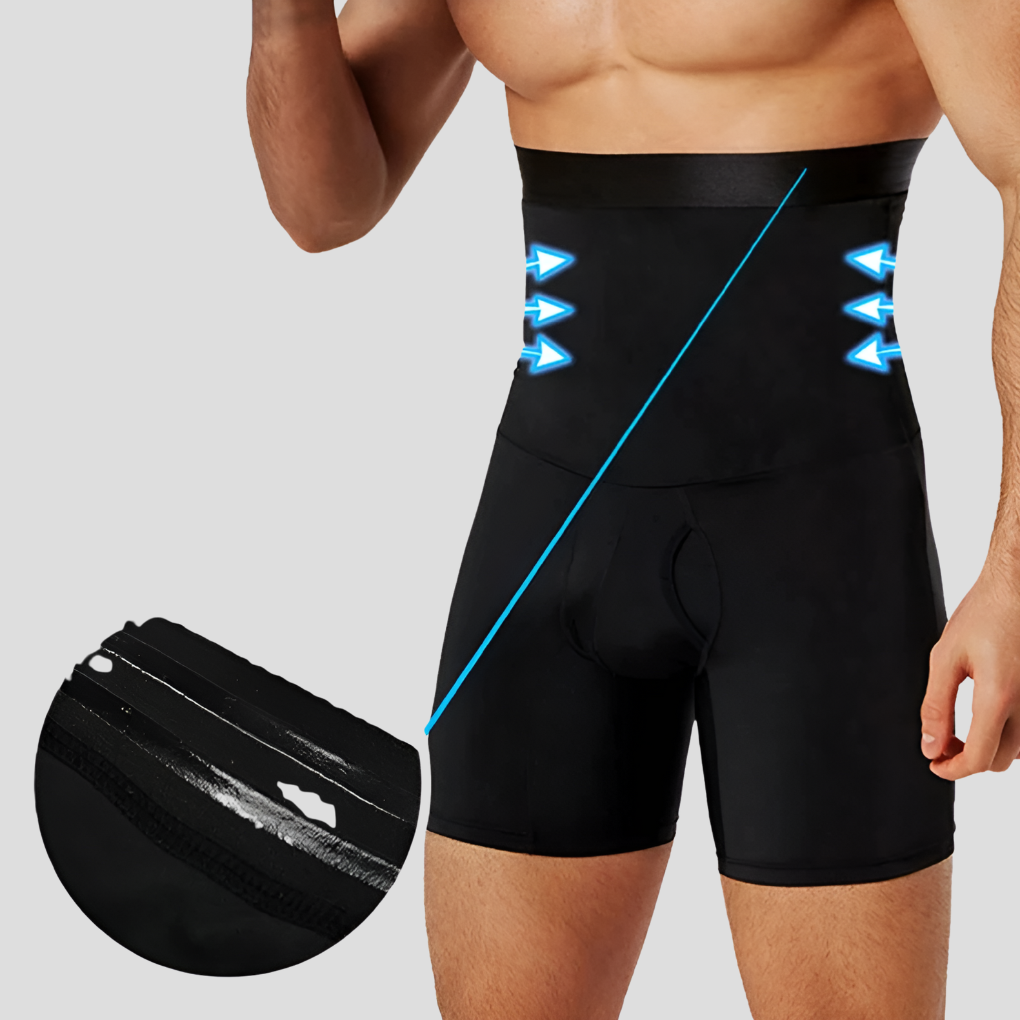 Performance men's high-waisted compression gym shorts with moisture-wicking fabric for tummy control.