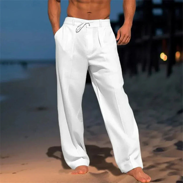 Comfortable men's relaxed fit dress pants with drawstring waist. Ideal for casual or smart casual summer outfits.