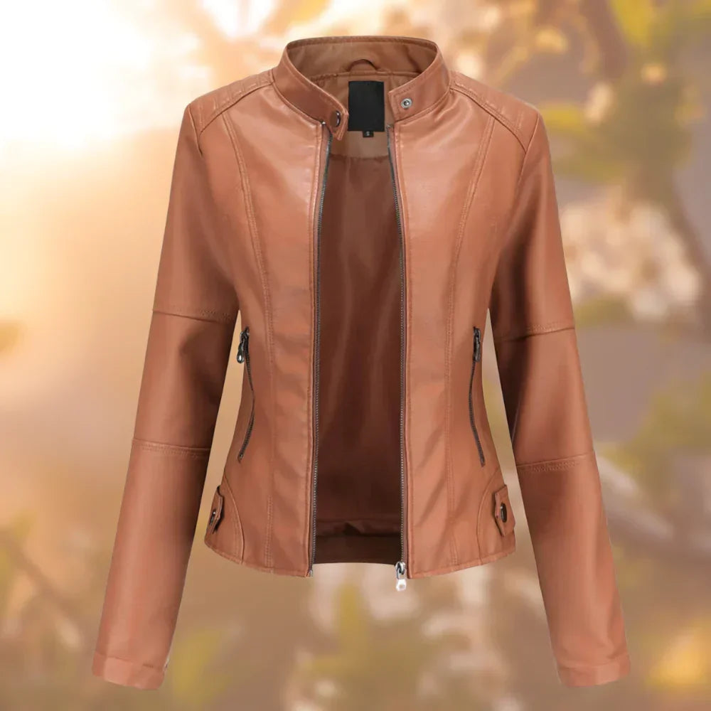 Fitted women's sleek biker jacket with a modern design, a stylish statement piece for everyday fashion.