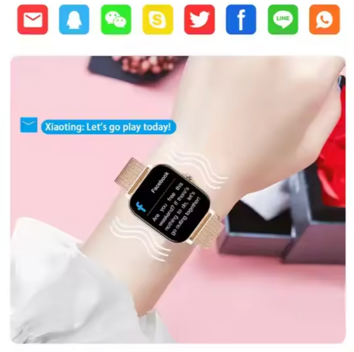 Women's smartwatch with health monitoring, fitness tracking, and smart notifications on elegant display.