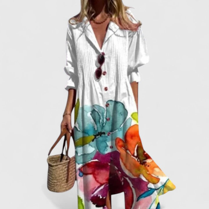 Chic women's floral print midi dress, perfect for elegant evening wear, summer parties, or resort vacation.