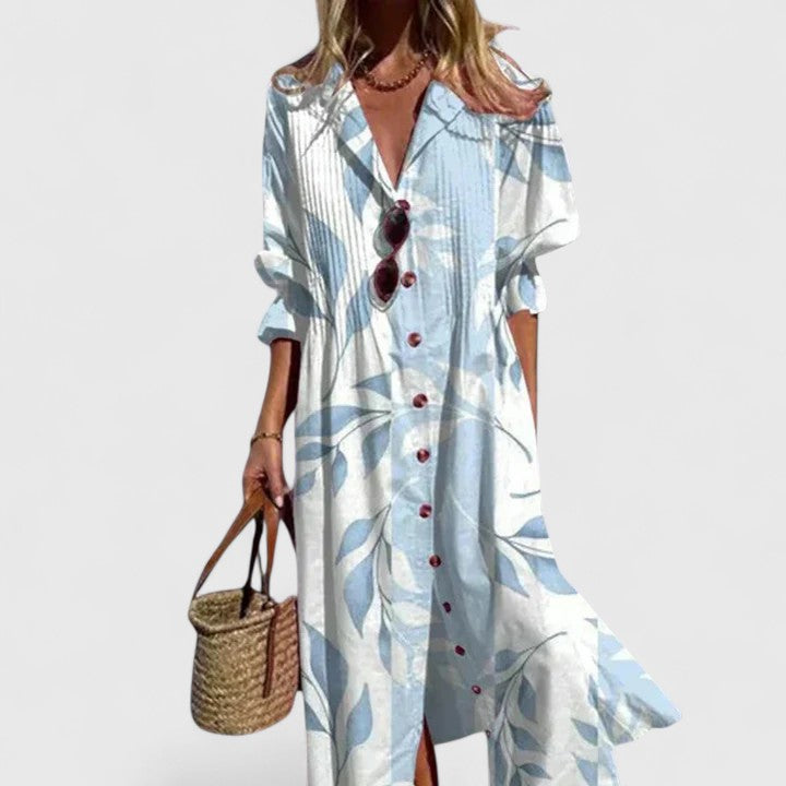 Flowy women's floral evening midi dress, comfortable & chic for summer events, vacation, and resort wear.