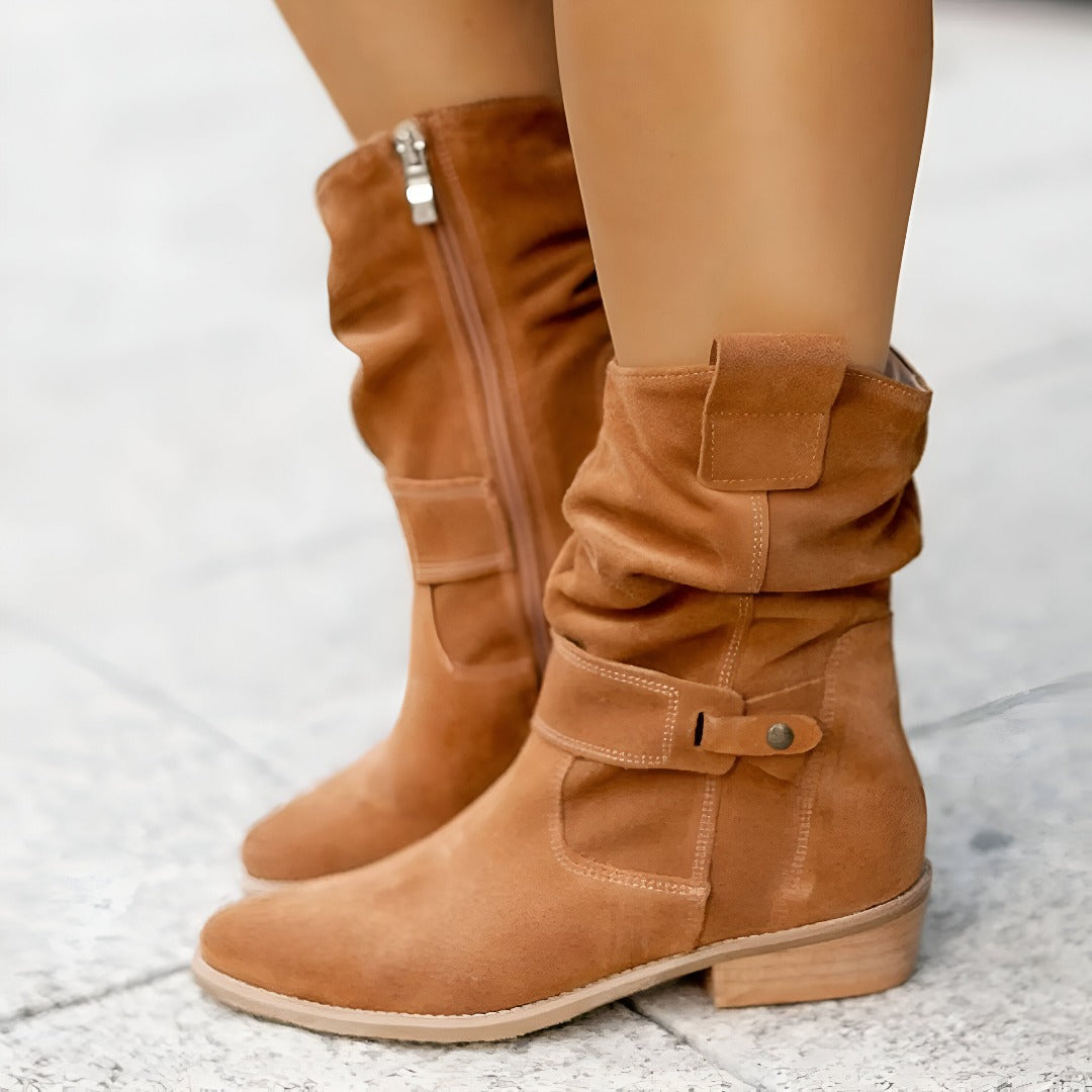 Stylish women's ankle boots featuring a slouchy design, low heel & a modern buckle strap for fall.