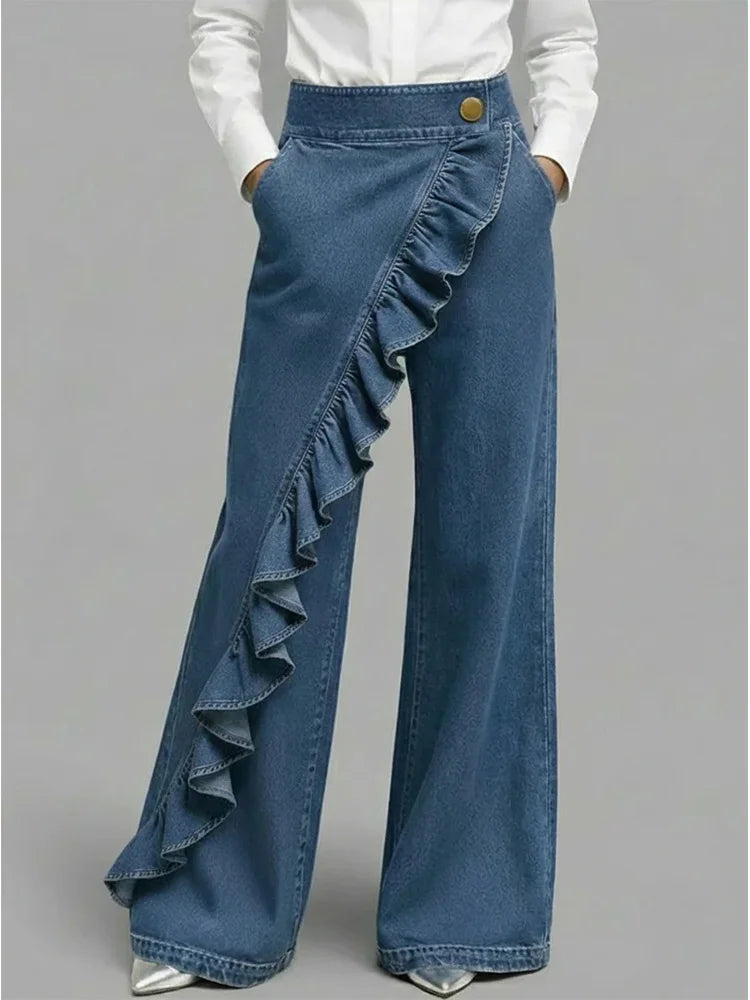 Chic women's wide leg jeans with flowing style & unique ruffle detail, perfect for modern casual fashion.