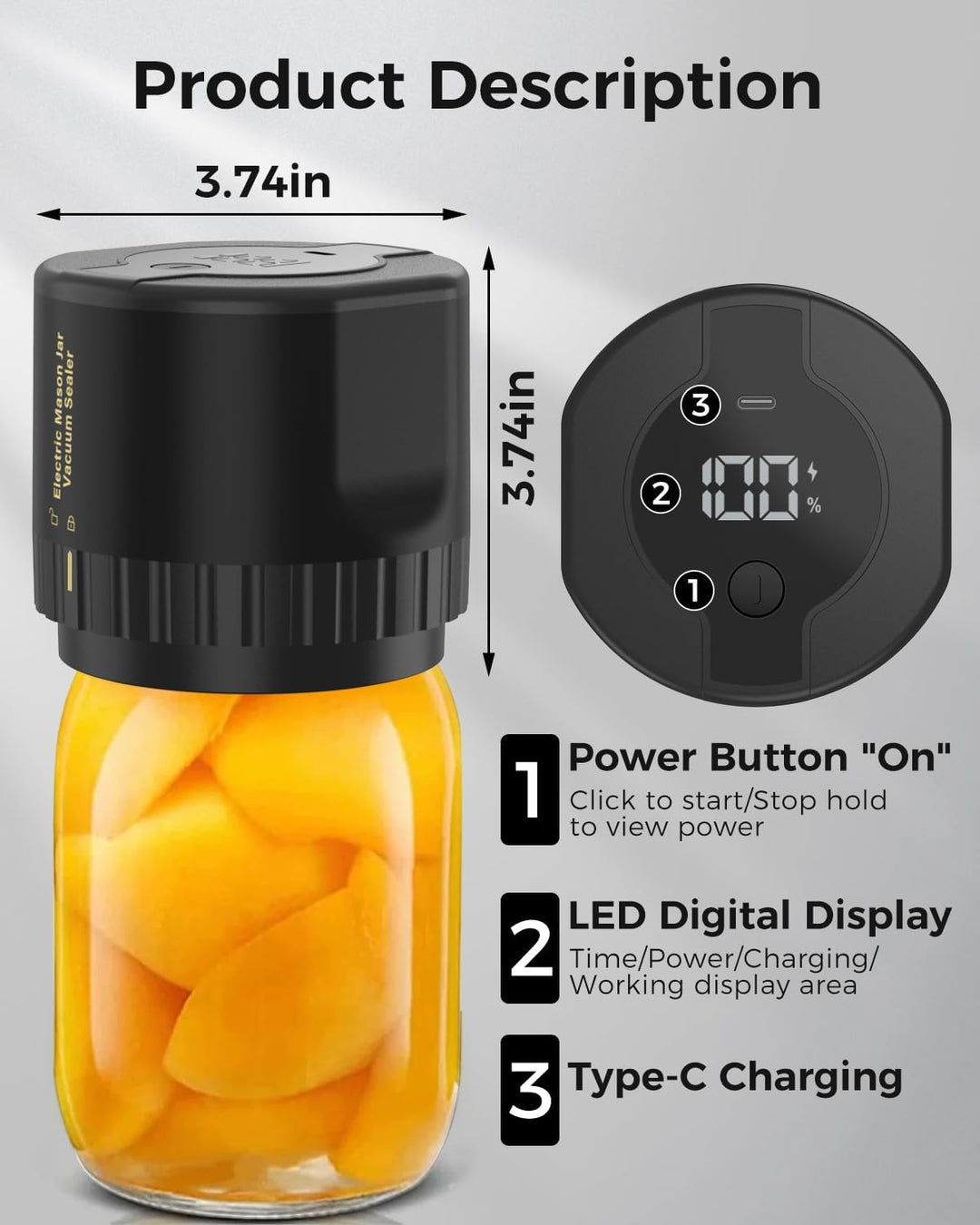 "Compact portable electric vacuum sealer kit, black, cordless, fits Mason jars, ideal for kitchen food preservation."