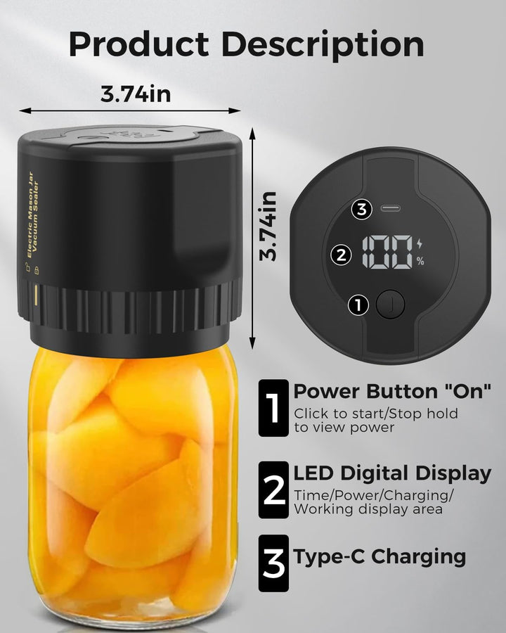"Compact portable electric vacuum sealer kit, black, cordless, fits Mason jars, ideal for kitchen food preservation."