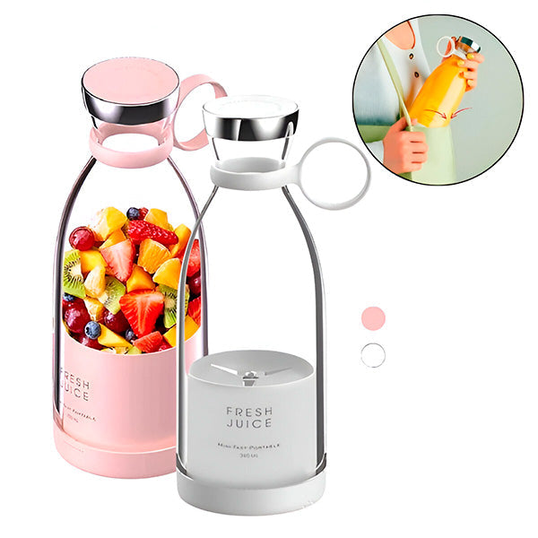 "Compact portable juice blender with stainless steel blades, cordless and rechargeable. Ideal for smoothies on the go."