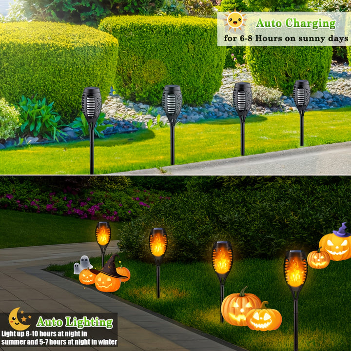 Solar-powered flickering flame lights adding festive and warm glow to a backyard patio.