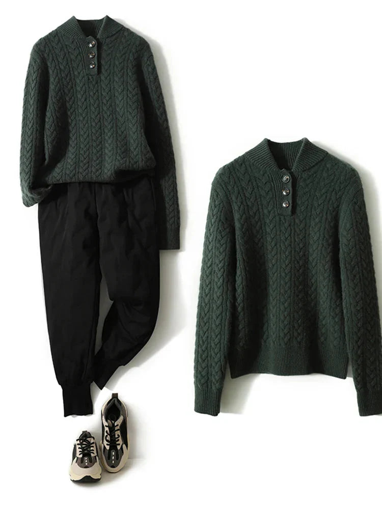 Fashionable women's cable knit sweater in a soft cashmere blend, designed for cold weather elegance