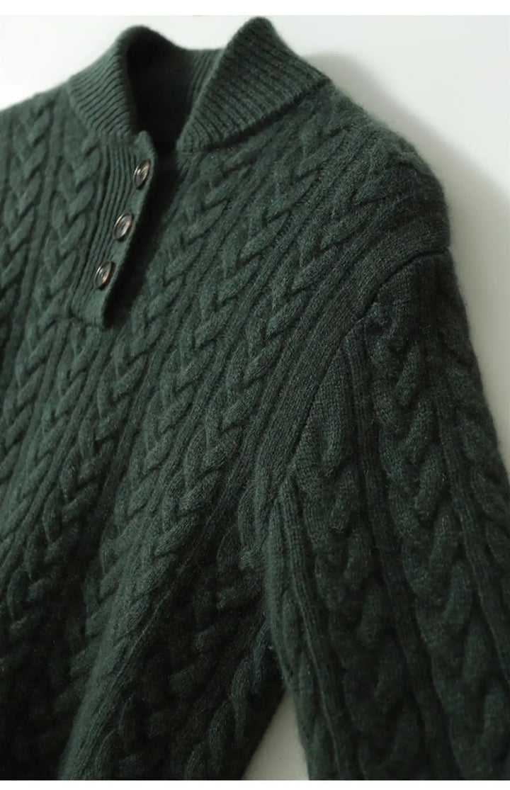 Cozy women's cable knit sweater made from a premium cashmere blend, offering comfort and style