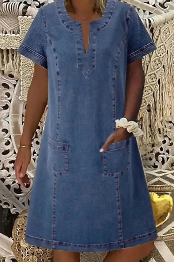 Elegant classic blue A-line midi dress for women, perfect for timeless spring & summer fashion.