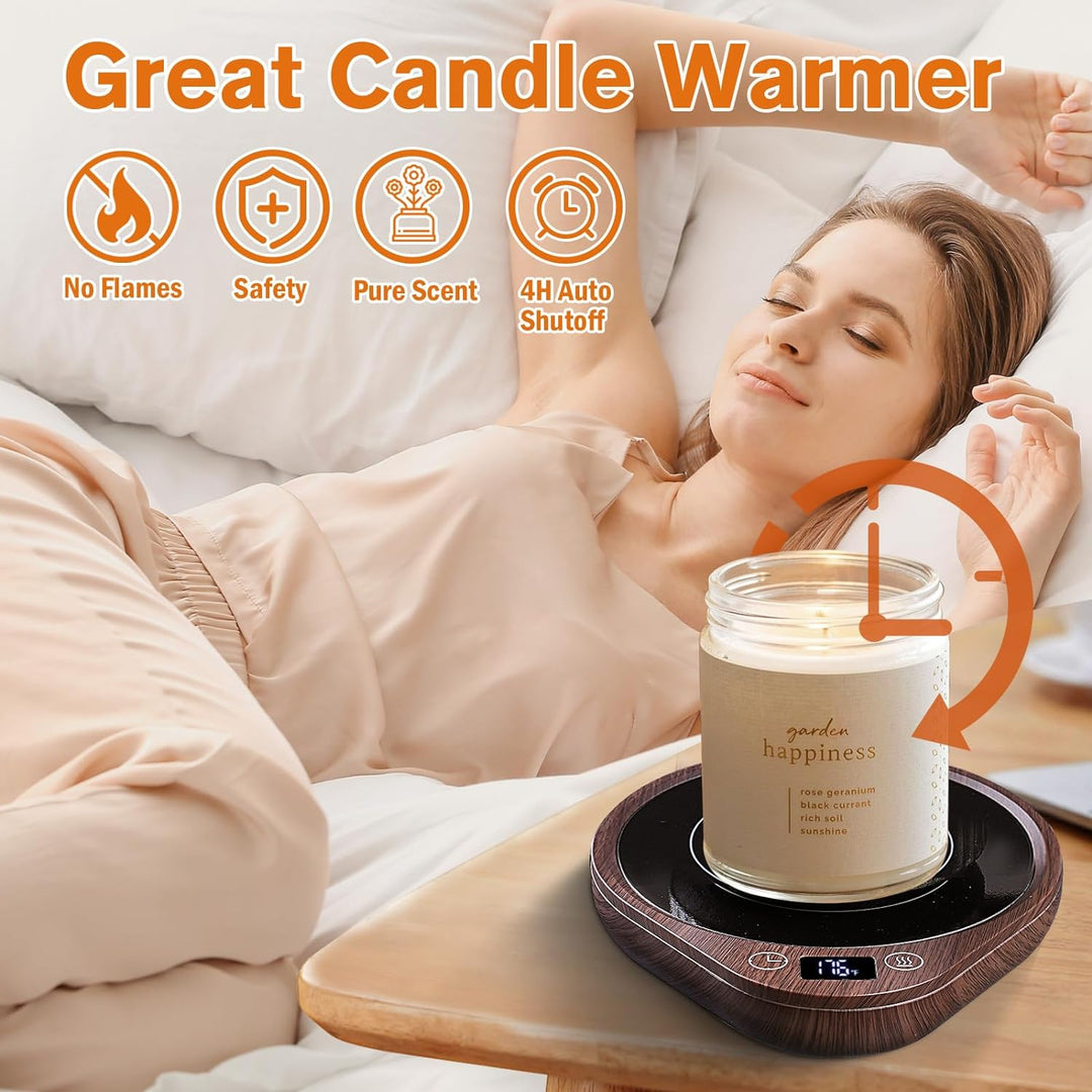 Elegant electric coffee mug warmer set featuring a touch control panel, adjustable temperature, and a large heating plate.