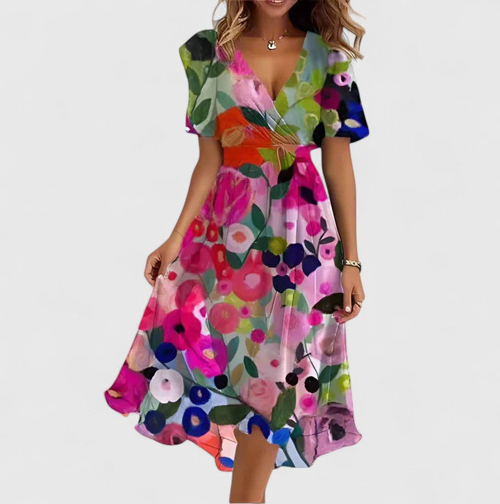 Beautiful floral summer dress for women with a plunge V-neck, flutter sleeves, and a flowy midi silhouette.