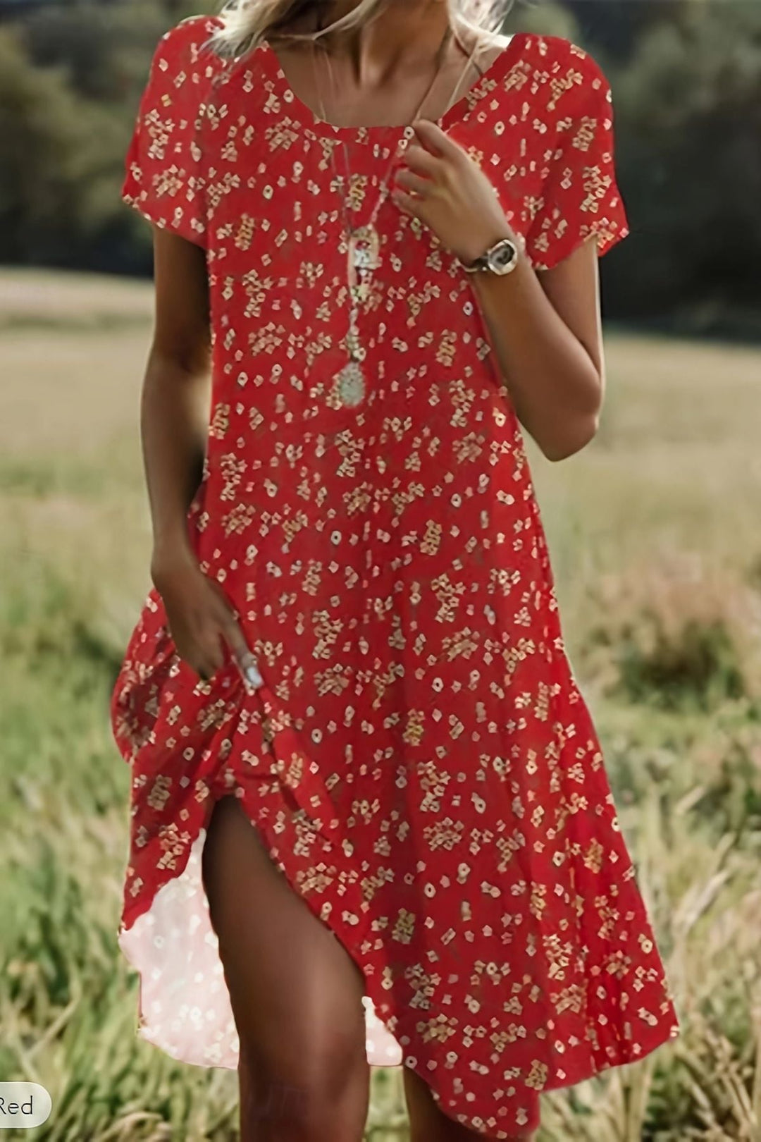 Stylish women's elegant midi dress. Flowing design suitable for formal, evening, or relaxed summer wear. Comfortable.